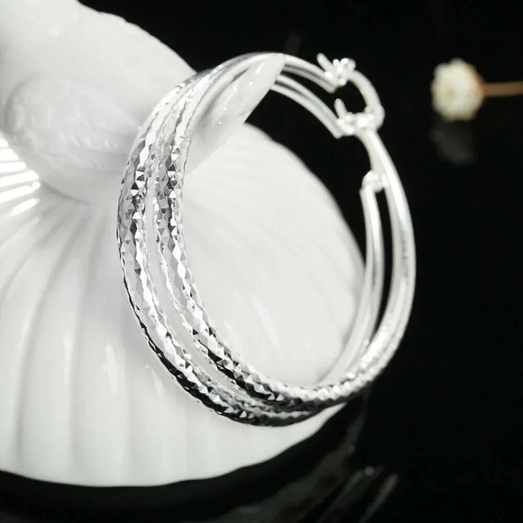 925 Sterling Silver Big Hoop Diamond Cut Earrings - Picture 3 of 5